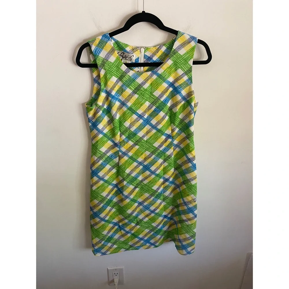 Vintage Mod Plaid Shift Dress Green Yellow‎ Blue Sleeveless Size 11